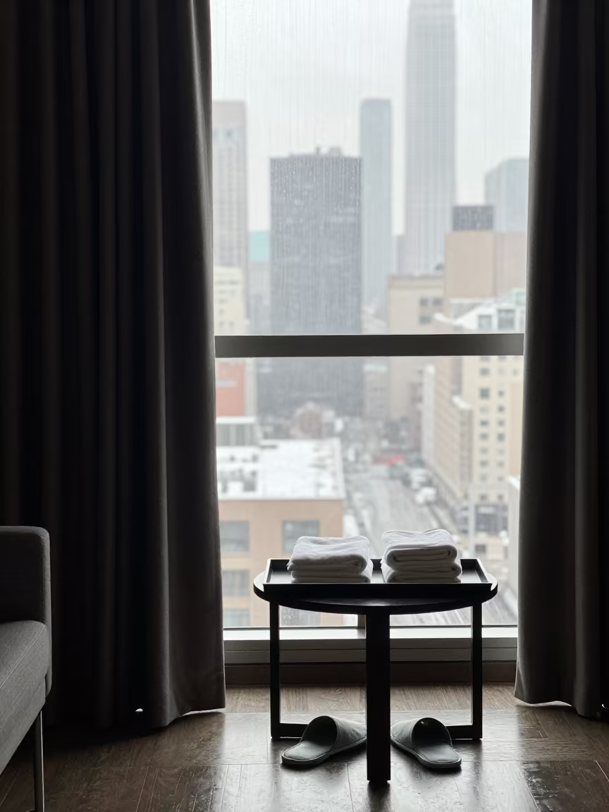 Winter Suite Turndown Tray City Lights After Rain in inside a banquet hall before service near Tokyo