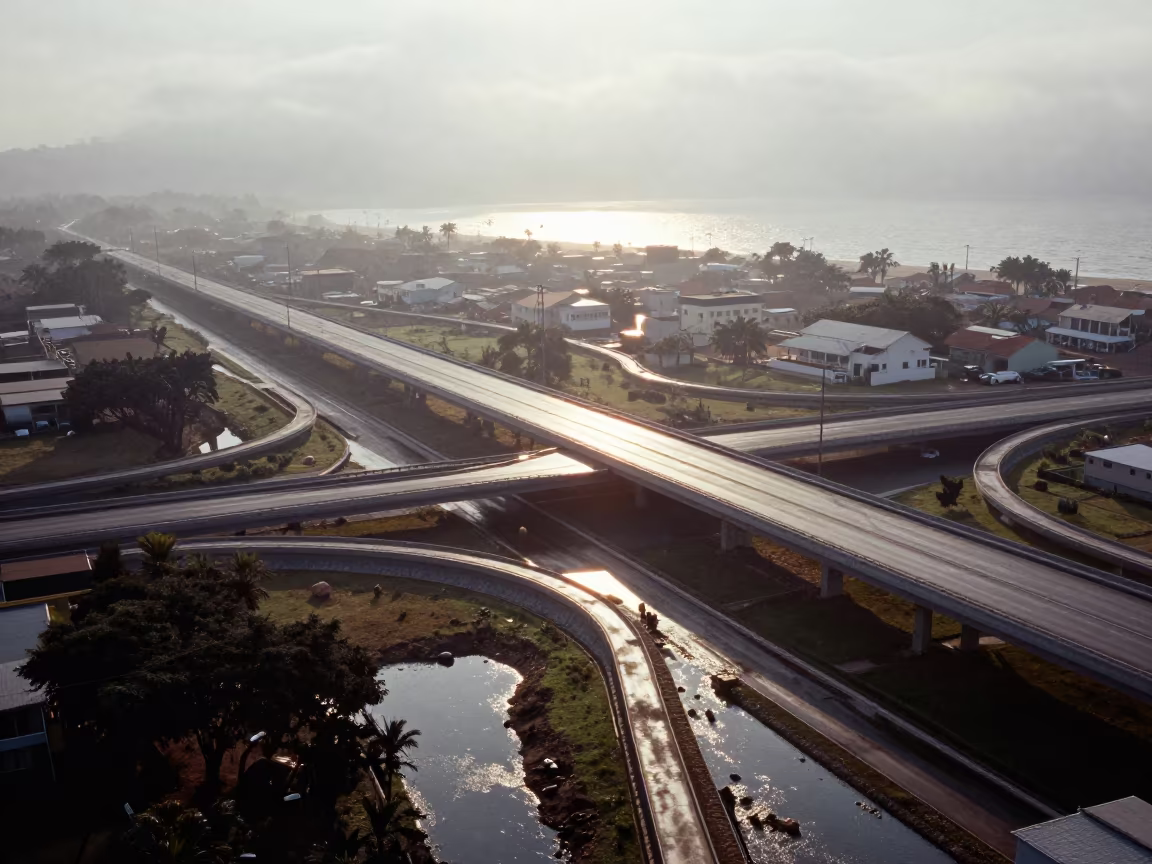 Winter Sun on District Heating Corridor Overpass in across a windy overpass interchange in Minas Gerais