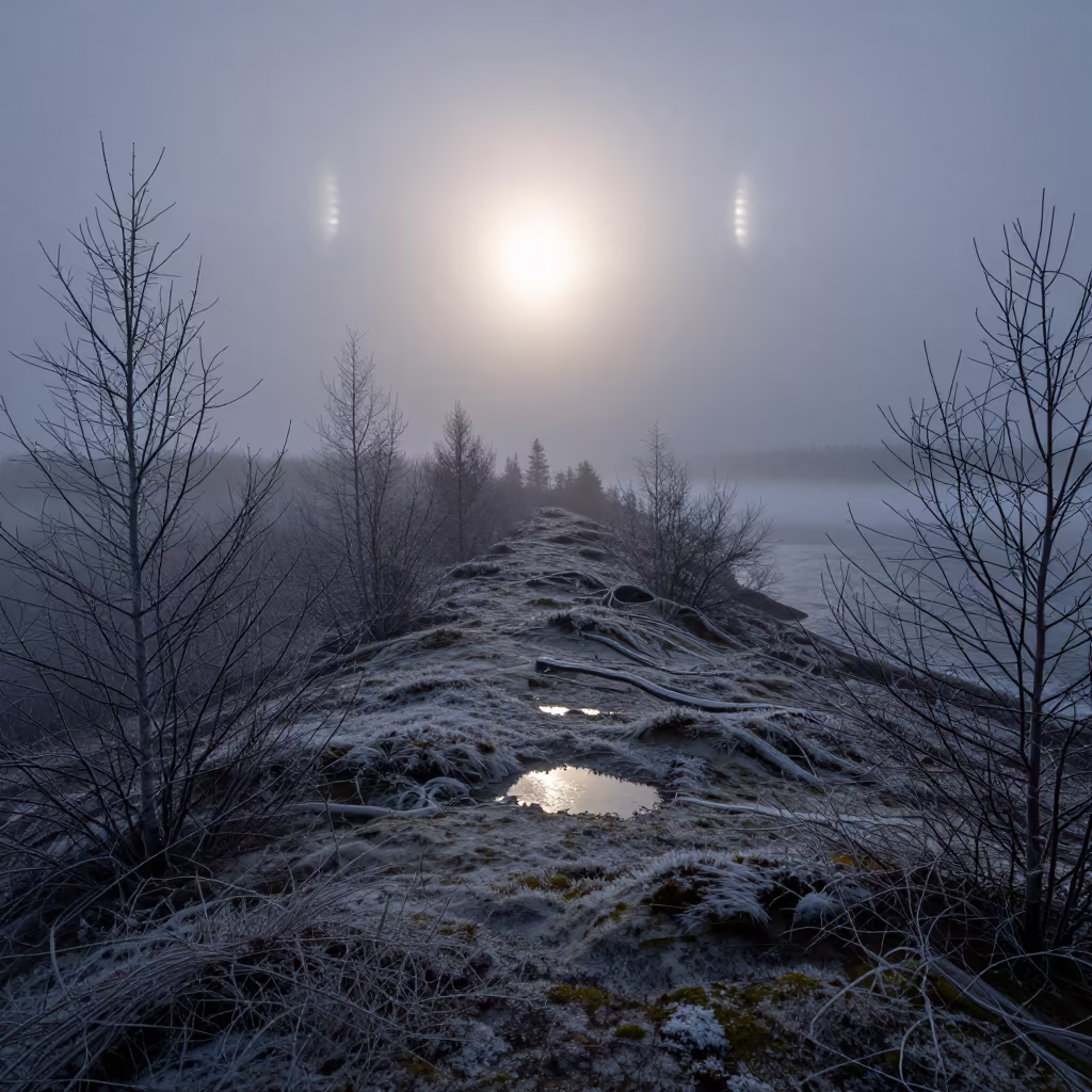 Winter Sun Dogs Over Wind-Scoured Finnish Ridge in on a wind-scoured ridge in Finland