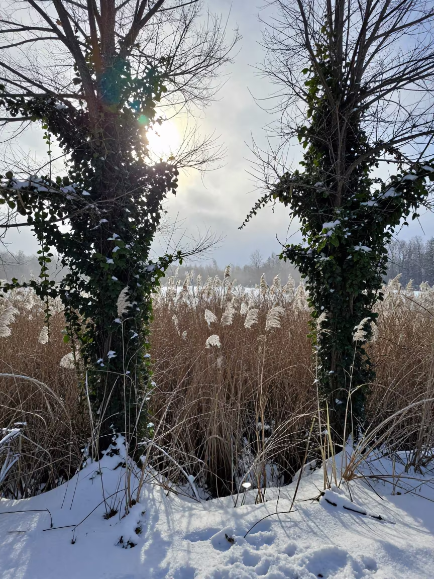 Winter Sun Dogs Over Jungle Vines in Quebec in at the edge of a reed bed in Quebec