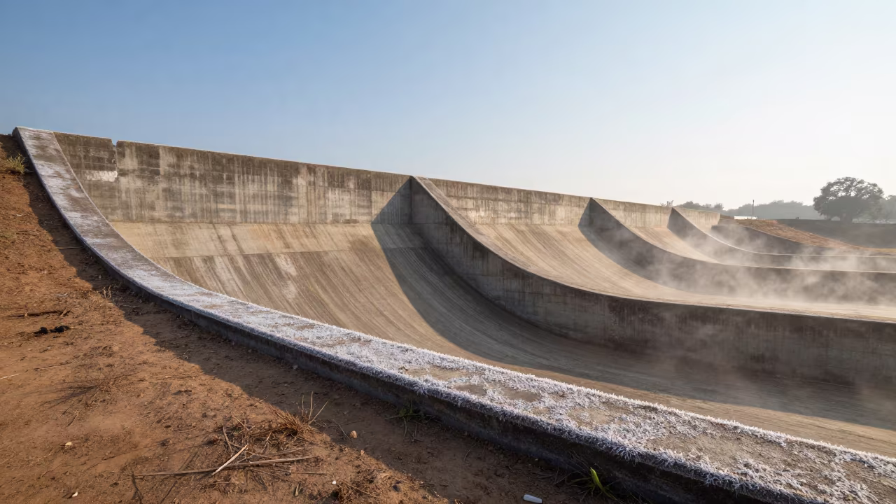 Winter Sun Frost Line on Spillway Lip Tamil Nadu in above a spillway chute with spray rising in Tamil Nadu