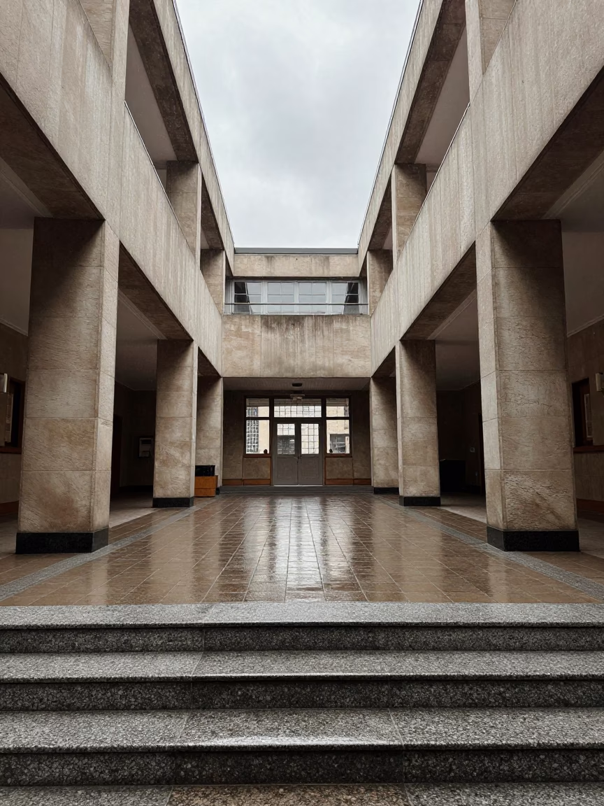Winter Sun on Wet Granite Chapel Steps in inside a tiled stair hall in Peterborough