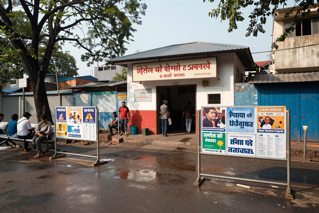 Winter Sun on Wet Posters Dharavi Polling in outside a polling station entrance in Dharavi, Mumbai
