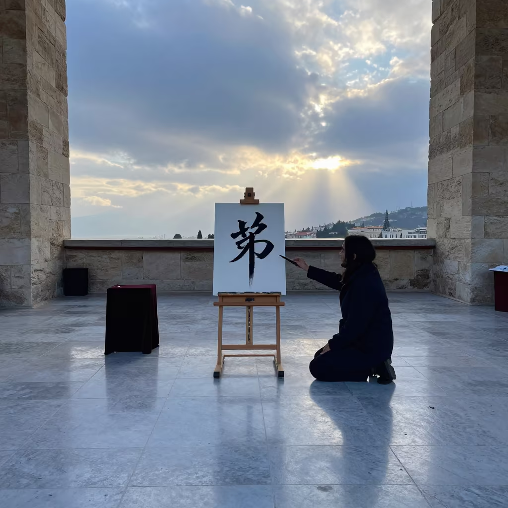 Winter Sunrise Calligraphy in Athens Hall in in a ceremonial hall in Athens