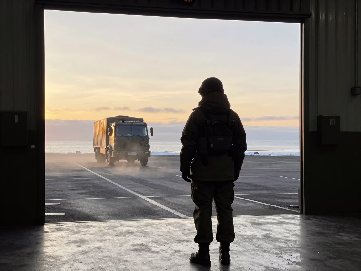 Winter Sunrise at Iceland Military Hangar in beside a convoy halt on open ground in Iceland