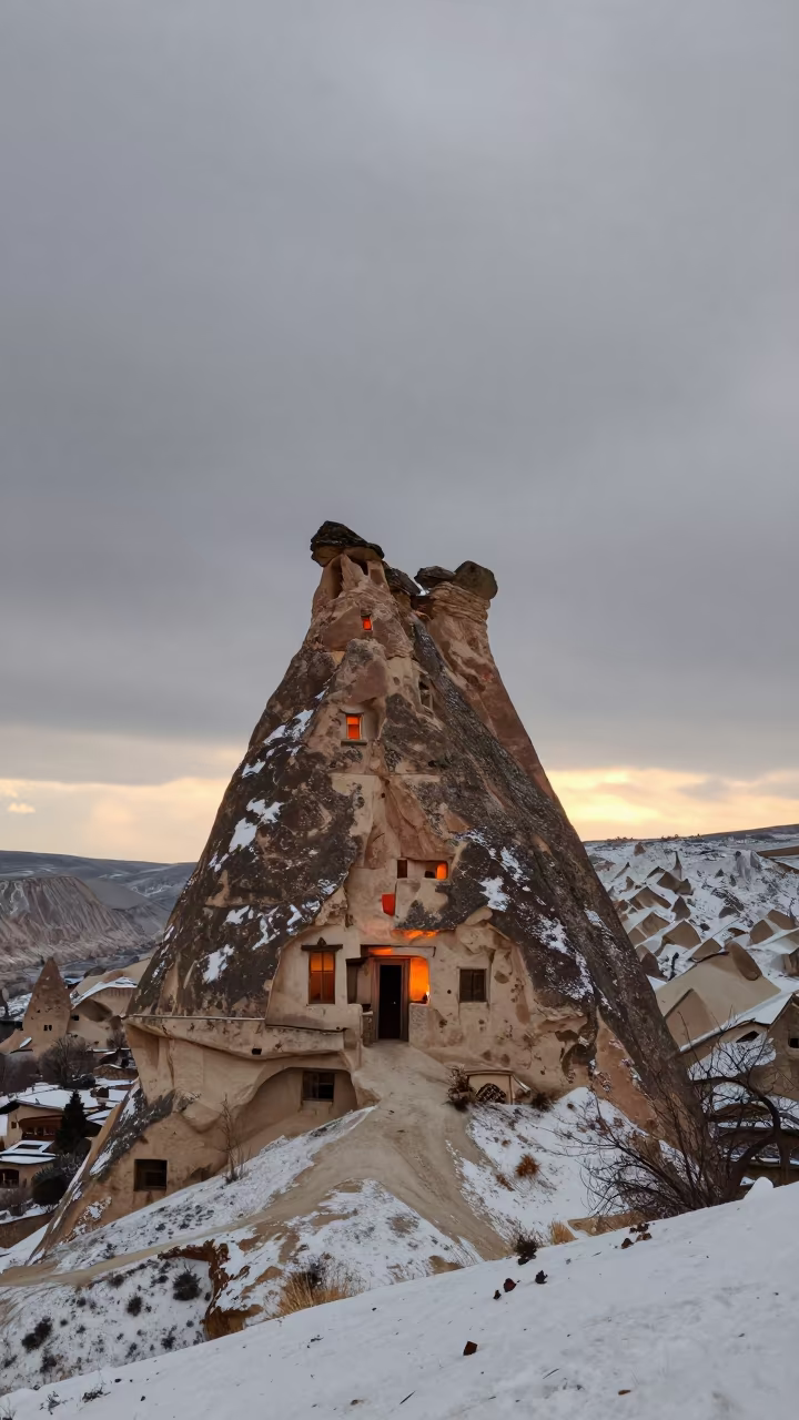 Winter Sunset Cappadocian Fairy Chimney Valley in across a wide valley floor in Turkey