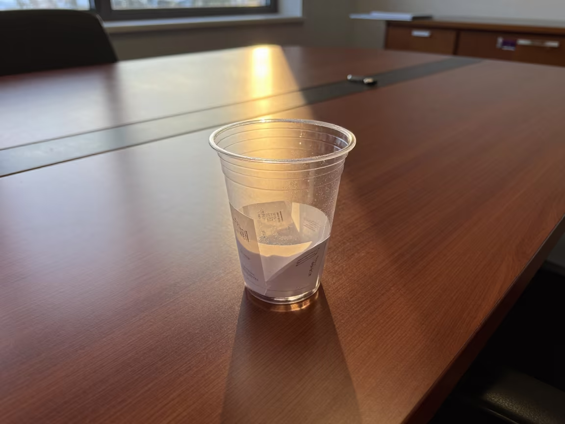 Winter Sunset Coat Check Token Cup Office Boardroom in at a boardroom table before a meeting in Mississauga