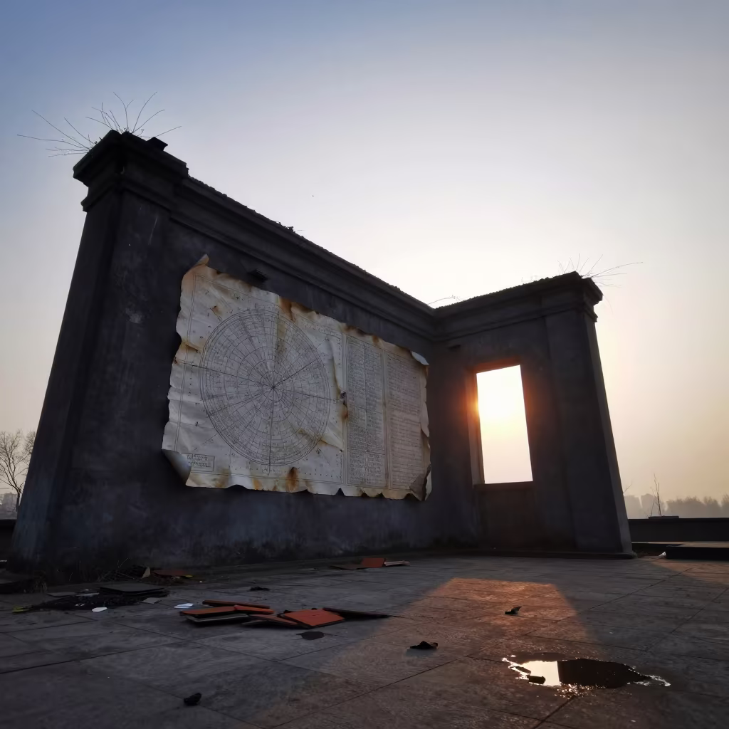 Winter Sunset Silhouette of Derelict Observatory Library in inside a roofless hammam near Wuhan