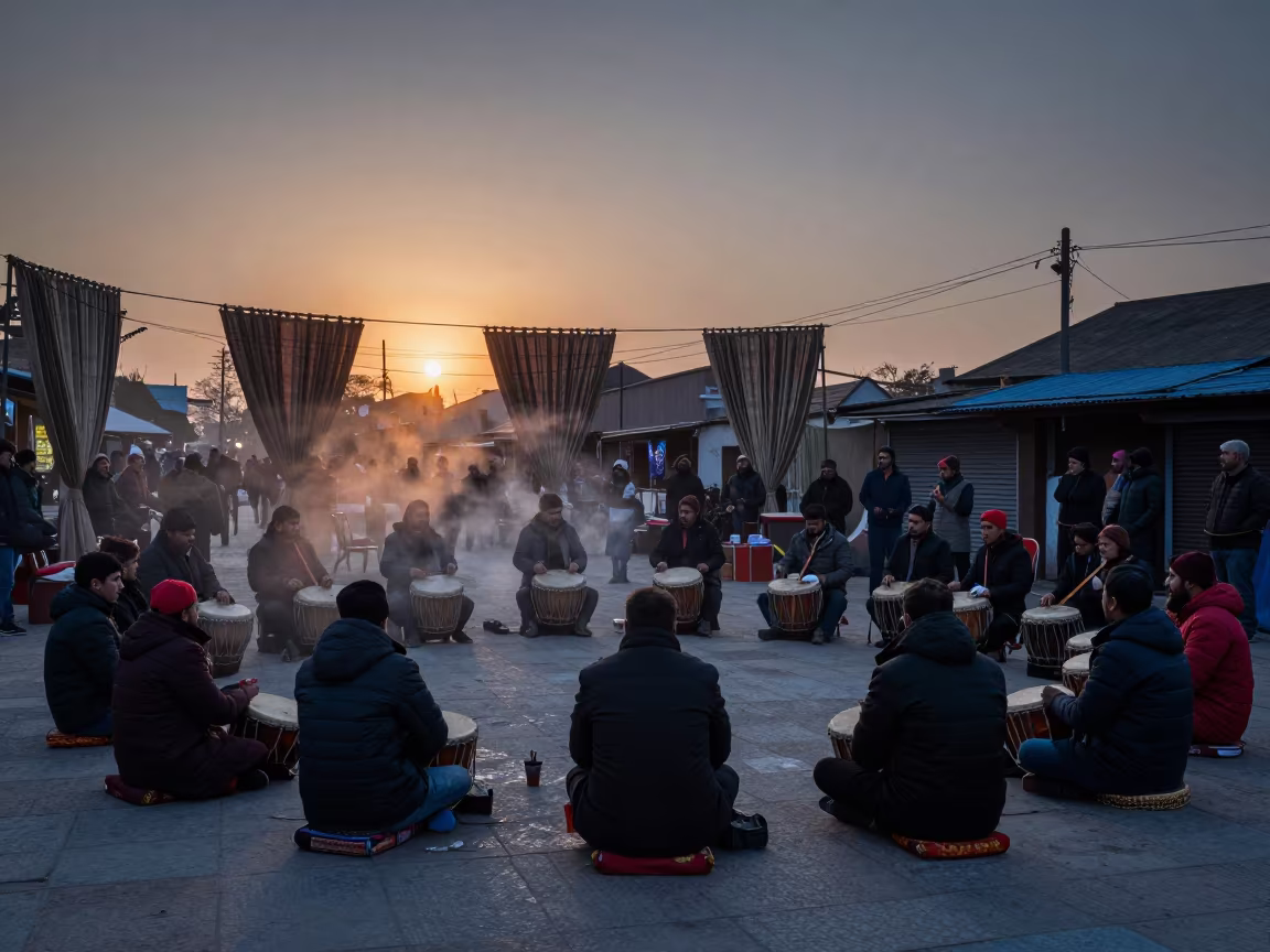 Winter Sunset Drumming Circle in Sambhal Street in at a street corner busking spot in Sambhal