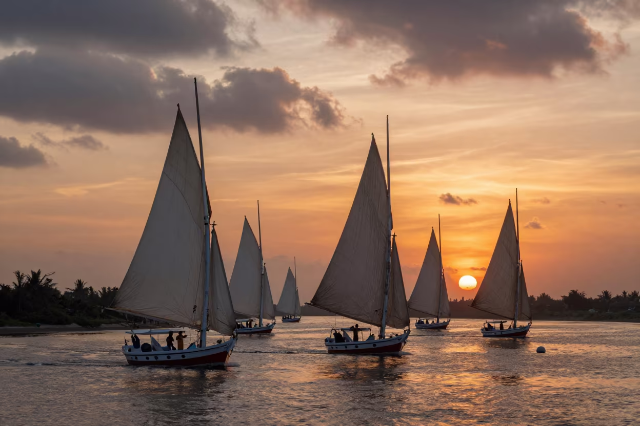 Winter Sunset Felucca Fleet on Nile Switchback in along a switchback approach near Palermo
