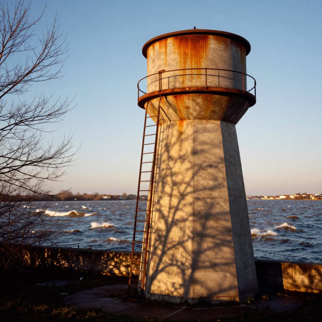 Winter Sunset Flood Barrier Tower Amber Light in beside a water tower ladder in France