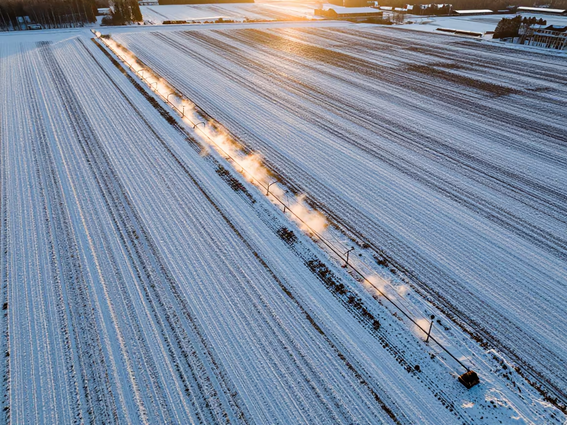 Winter Sunset Over Irrigation Fields Near Helsinki in high above irrigation geometry near Helsinki