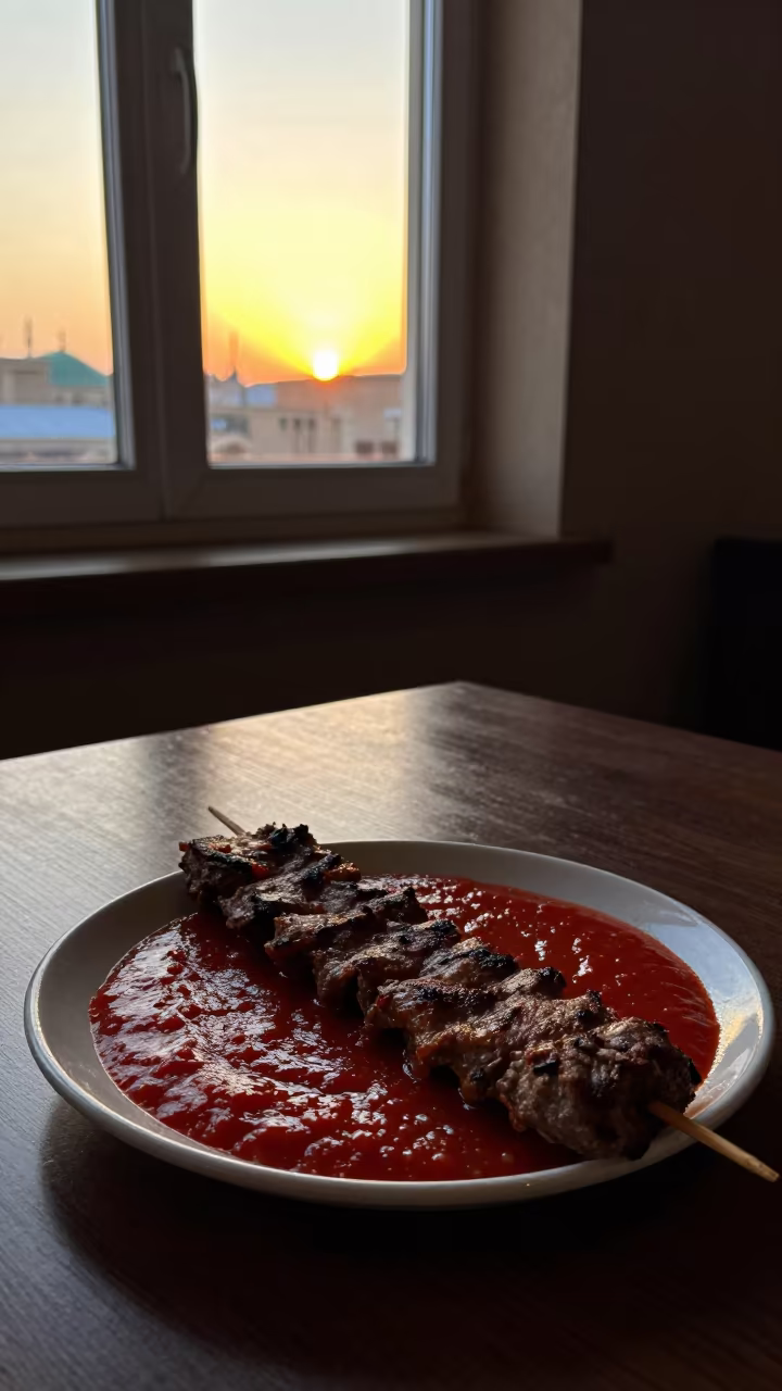Winter Sunset Iskender Kebab in Kufa in on a ceramic plate by a window in Kufa