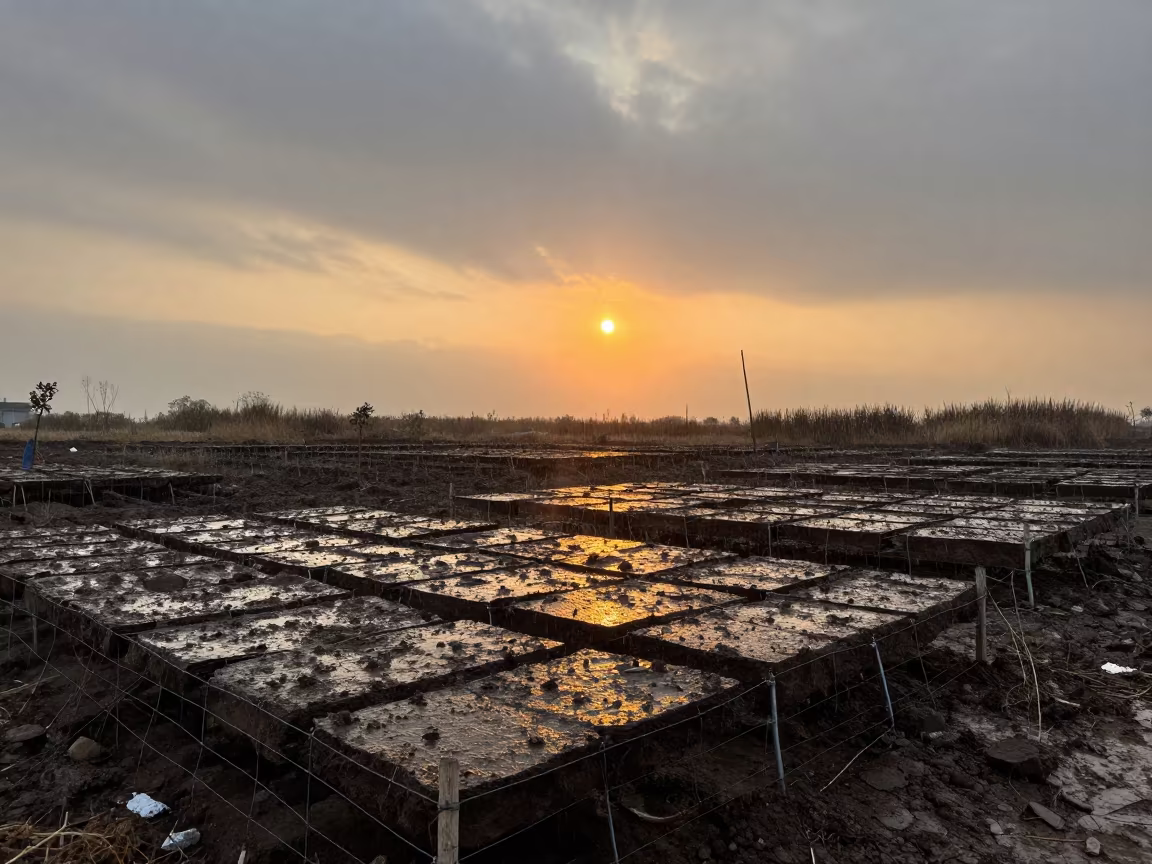 Winter Sunset Peat Slabs Drying on Fence Fujian in in Fujian
