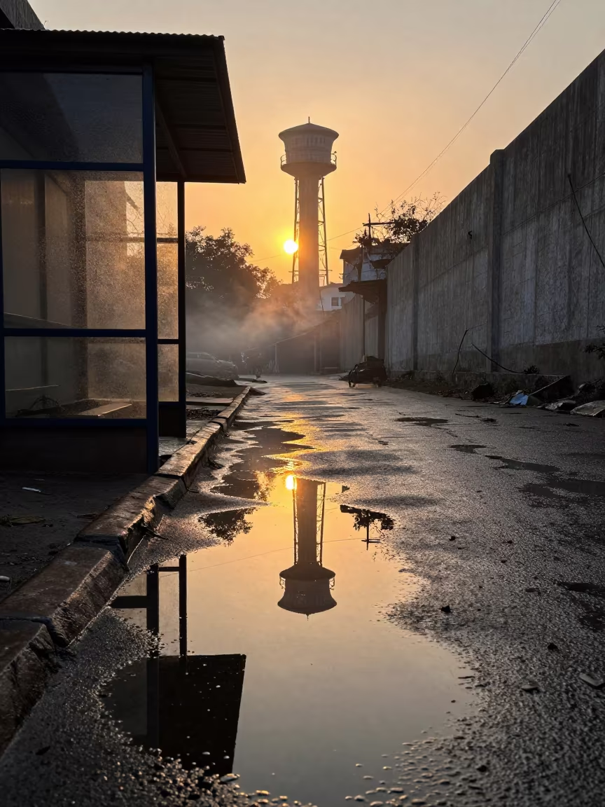 Winter Sunset Puddle Reflection Water Tower Khanewal in beside a steamed-up bus shelter in Khanewal