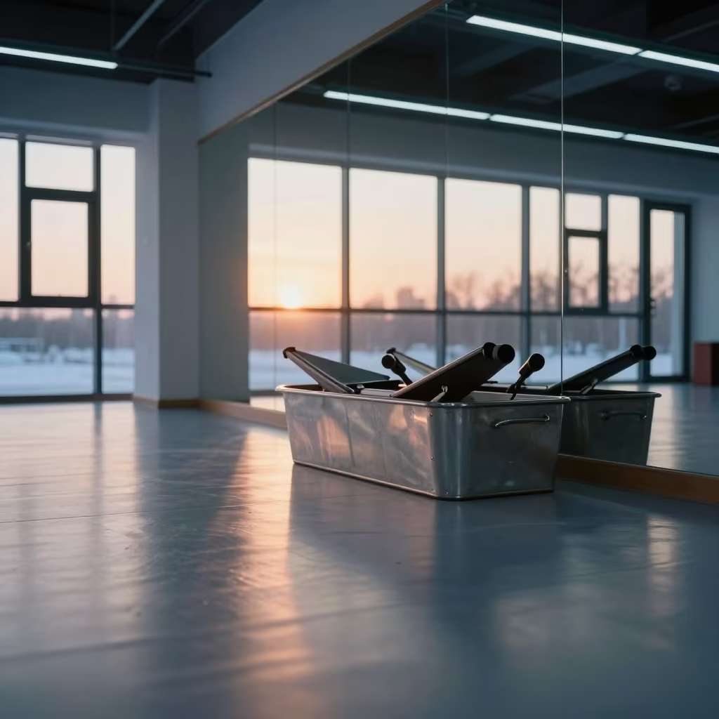 Winter Sunset Reflections on Rower Spare Bin in inside a yoga studio before the session begins in Changchun