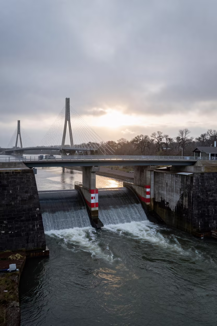 Winter Sunset Reservoir Intake Savannah Bridge in under a cable-stayed bridge span in Savannah