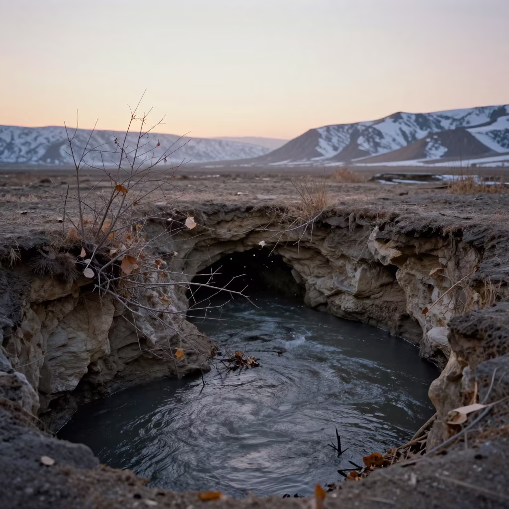 Winter Sunset River Tajikistan Cave in in Tajikistan