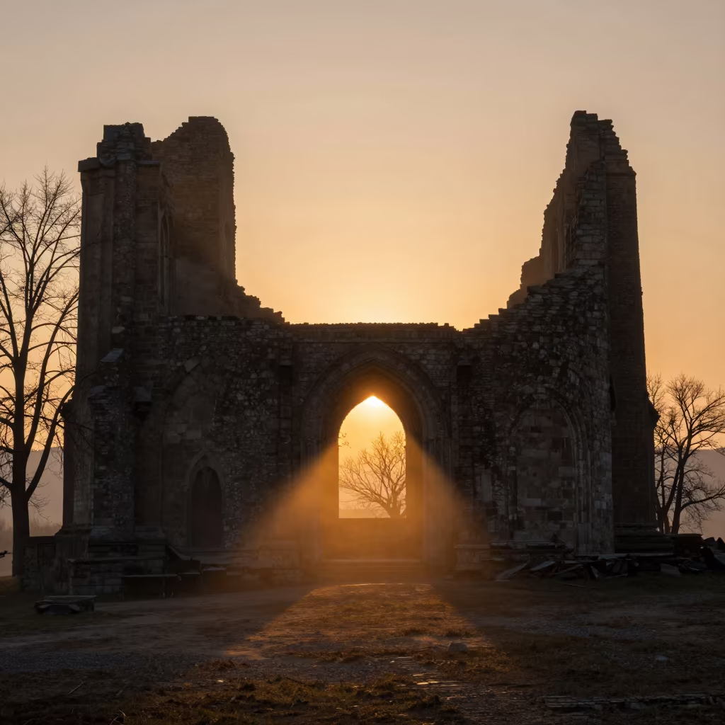 Winter Sunset Ruin in Georgian Nave Mist in inside a roofless nave in Georgia