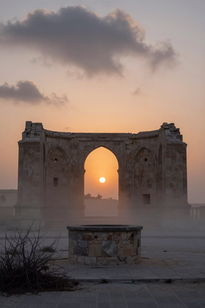 Winter Sunset Silhouette of Stone Well Ruin in inside a roofless nave near Doha