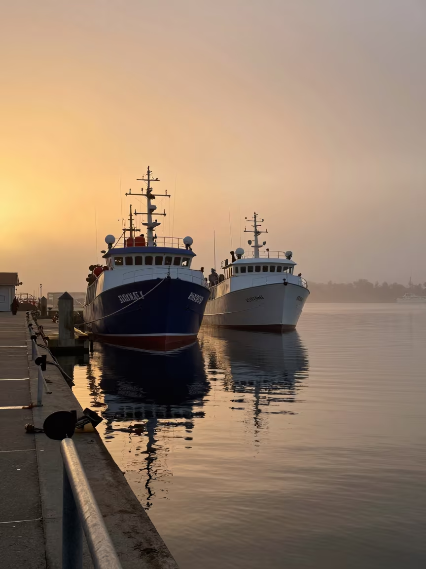Winter Sunset Trawler Fleet Harbor San Diego in beside a fogbound harbor mouth near San Diego, Cartagena