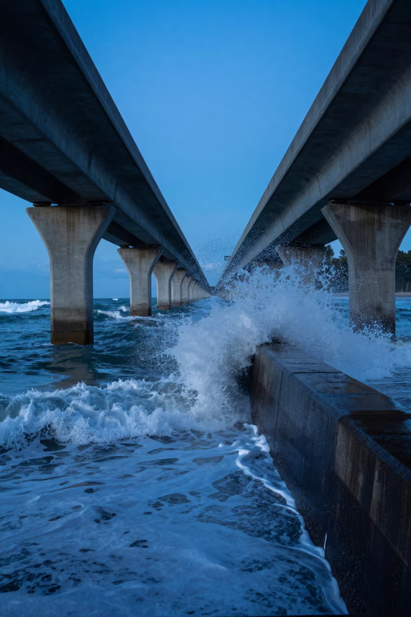 Winter Surf Battered Sea Wall Blue Hour Twilight in across a windy overpass interchange in Queensland