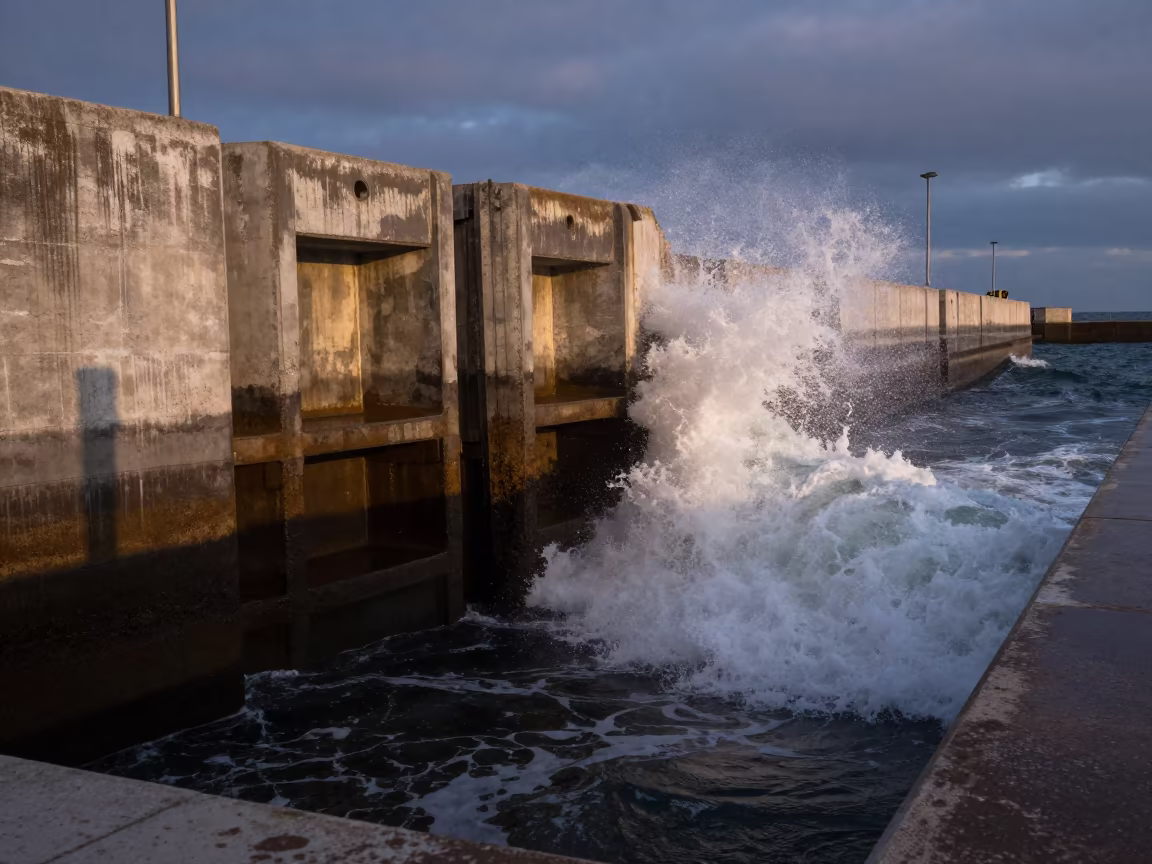Winter Surf Hits Canal Lock Wall at Twilight in at a canal lock chamber in Portugal