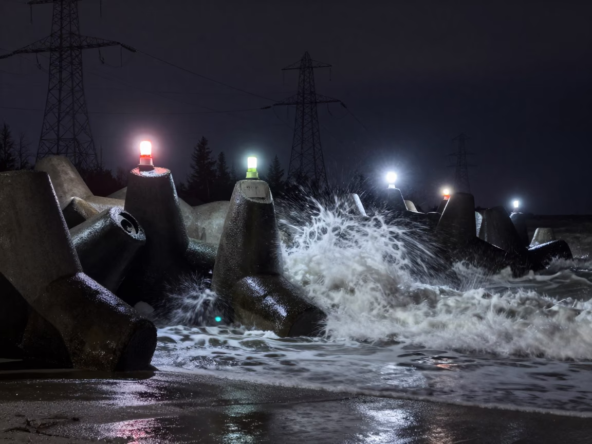 Winter Surf Tetrapods Under Ontario Towers in beneath transmission towers in Ontario
