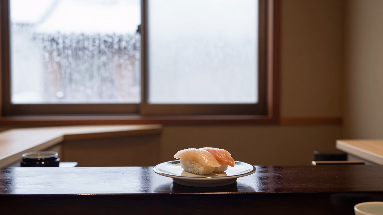 Winter Sushi on Lacquered Counter in Tokyo Tea House in on a tea house tray in Nakameguro, Tokyo