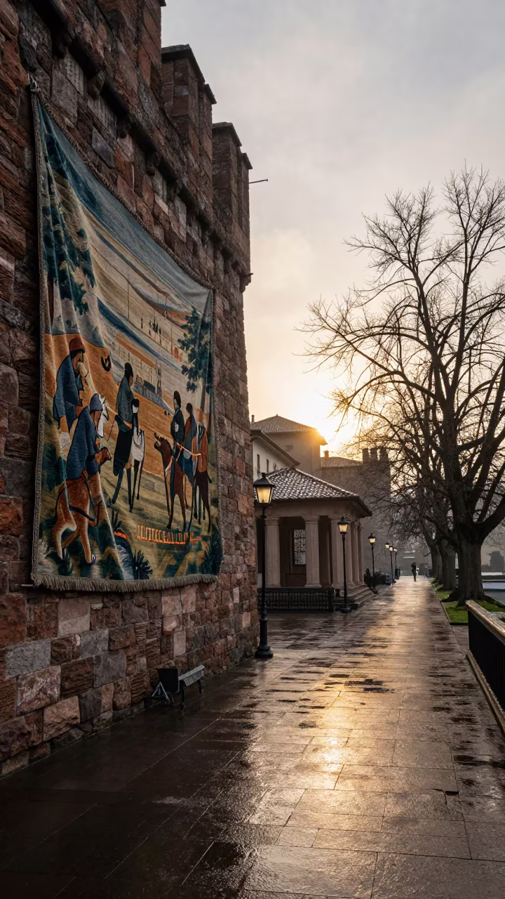 Winter Tapestry Hunting Scene Castle Wall in in a lantern-lined temple precinct near Turin