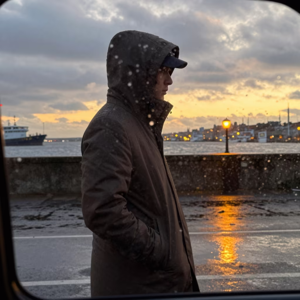Winter Taxi Window Fashion Editorial Amber Light in against a wind-beaten harbor wall near Milton Keynes