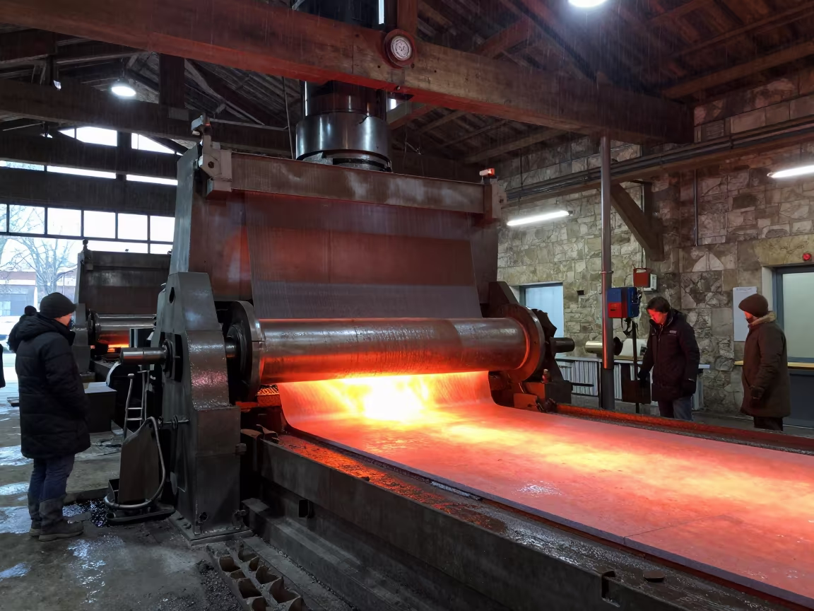 Winter Tea Hall Steel Mill Rolling Red Slabs in inside a tea-processing hall in Lombardy