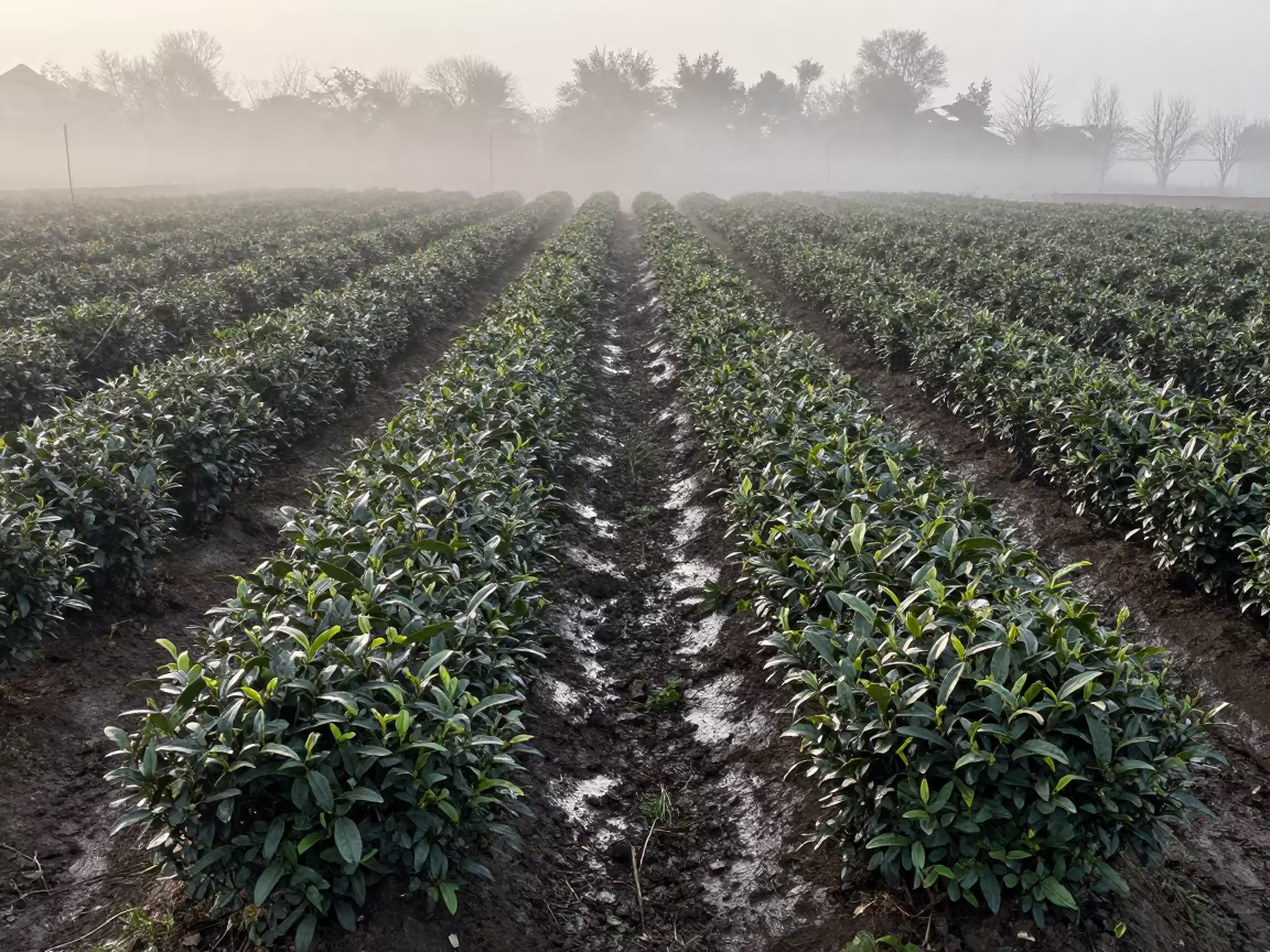 Winter Tea Nursery in Dushanbe Highland Fog in at the edge of a tea plantation near Dushanbe