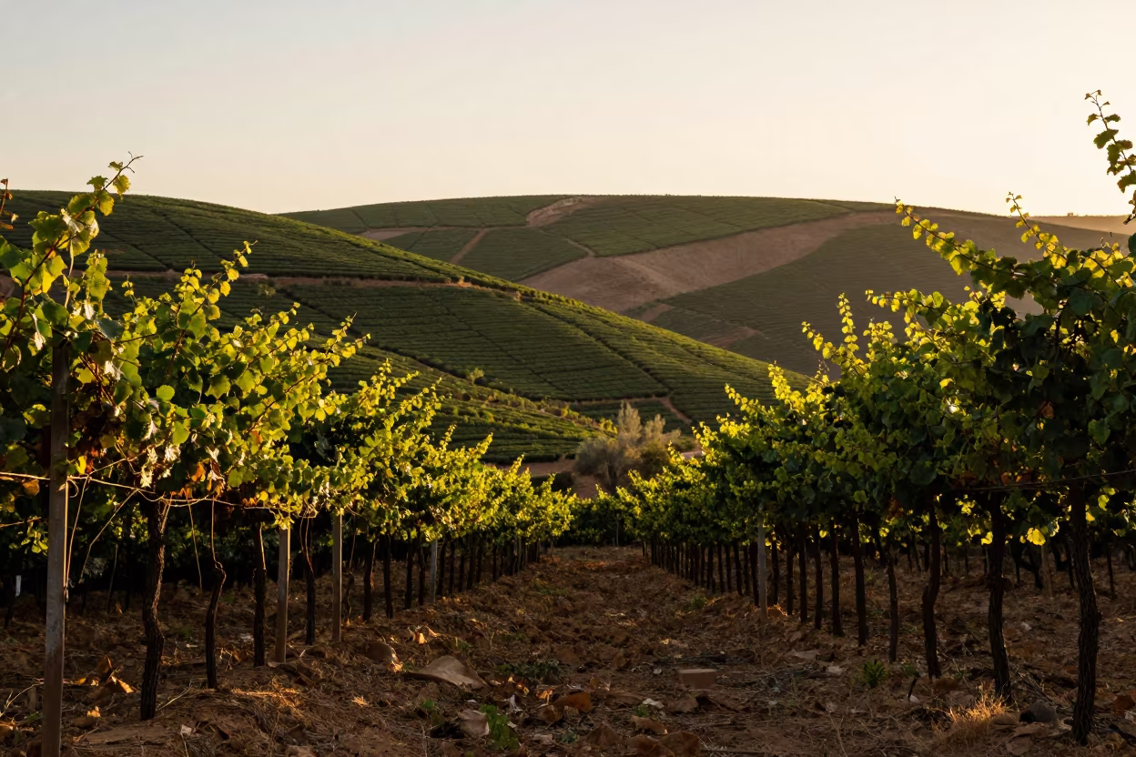 Winter Tea Plantations Silhouetted in Dusk Light in between vineyard trellises in Dakhla