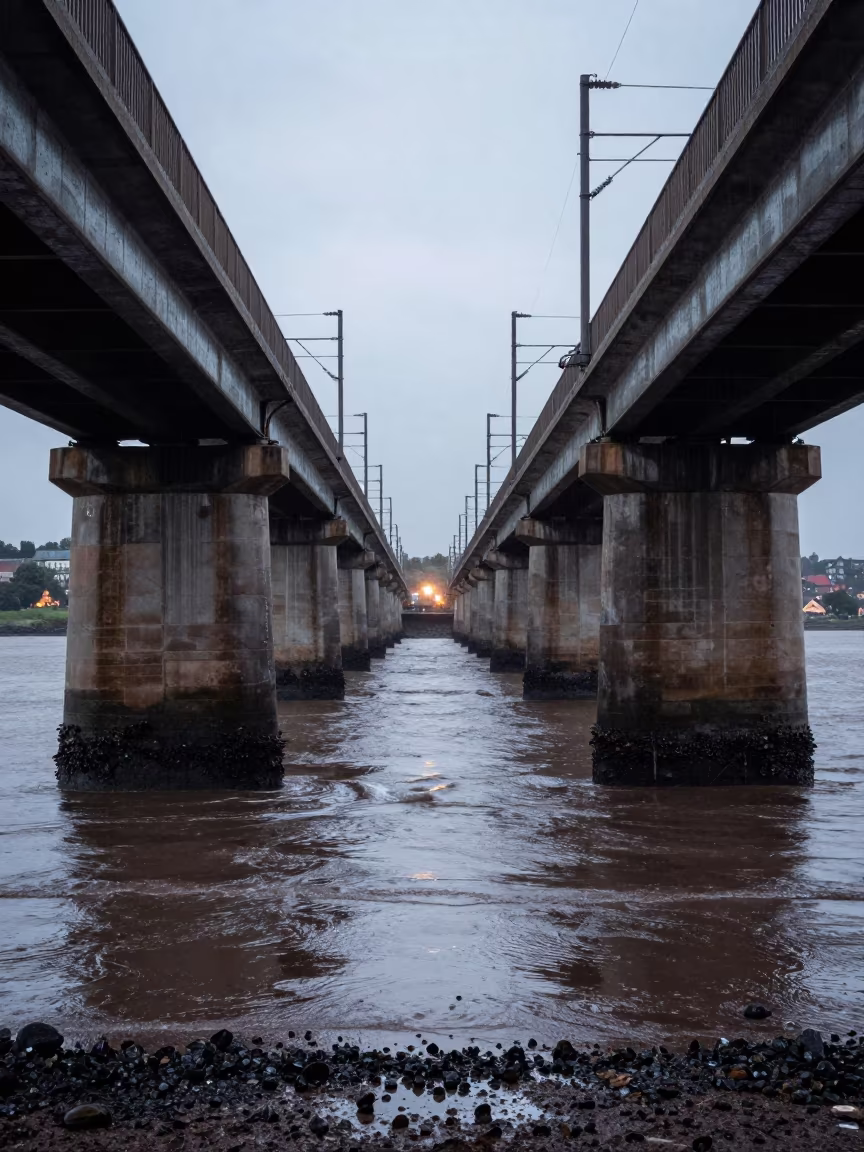 Winter Tide Lines on Yorkshire Bridge Pier in under a viaduct of steel and concrete in Yorkshire