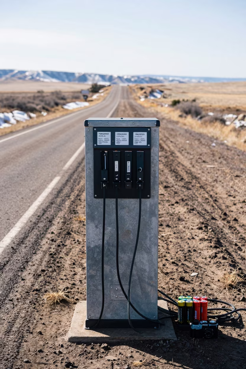 Winter Tool Charging Station on Wyoming Road in at a muddy site access road in Wyoming