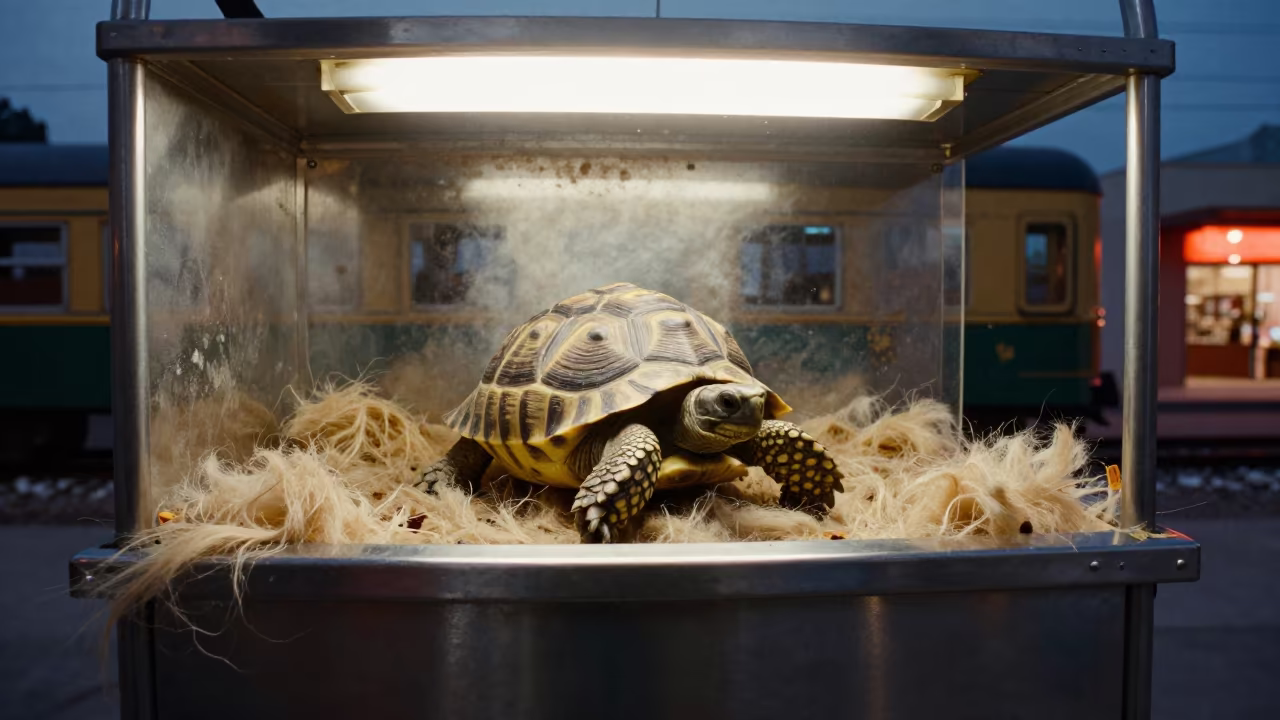 Winter Tortoise Soak Tub with Train Car in inside a grooming bay in Hermosillo