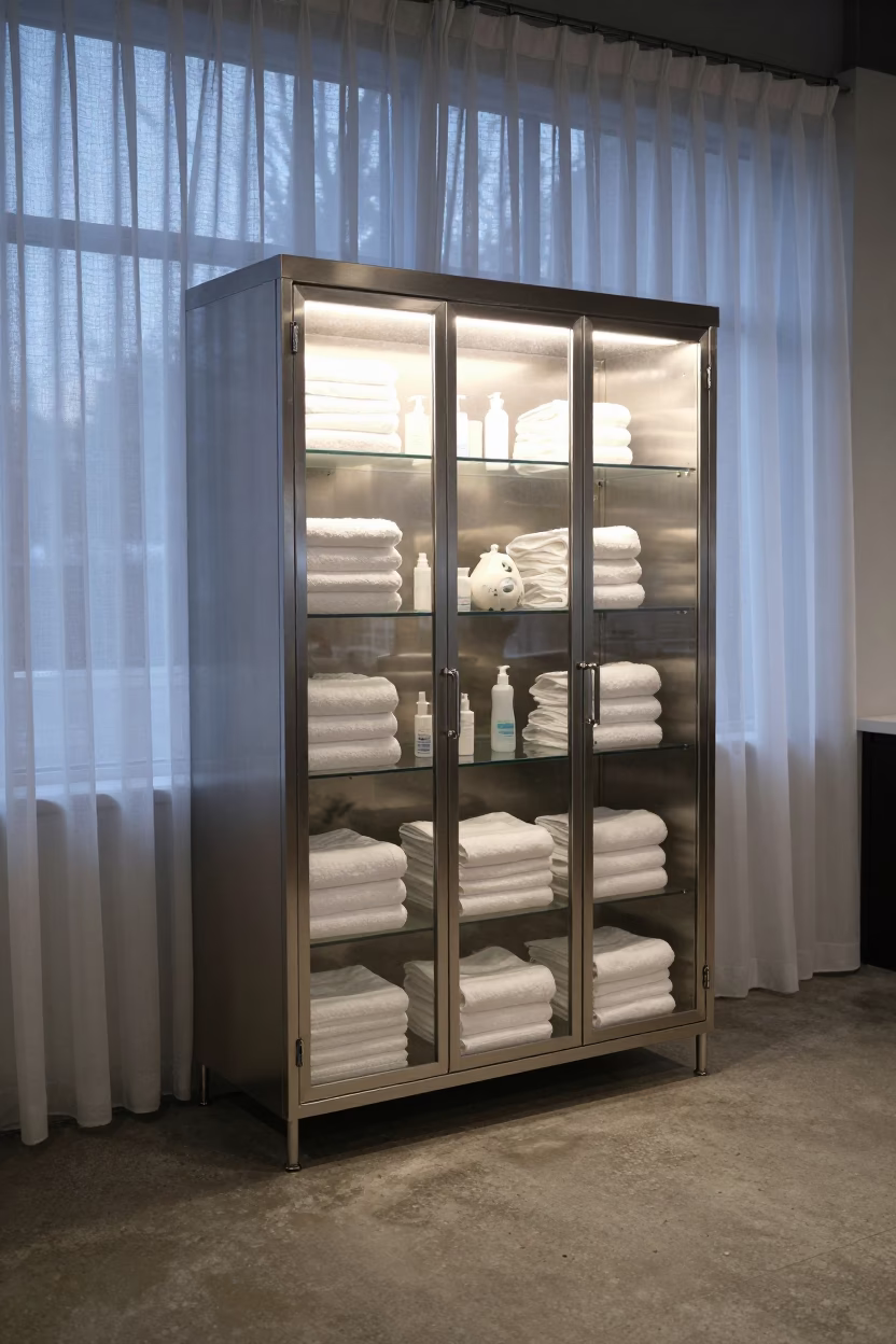 Winter Towel Warmer in Beauty Supply Room in in a beauty supply area under white LEDs near Brantford