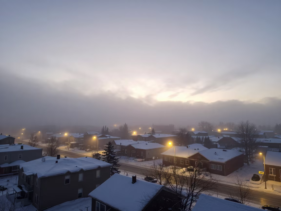 Winter Town Ice Fog Halos Sunset Canada in beneath fast-moving cloud bands in Canada