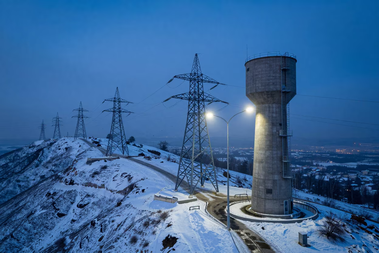Winter Transmission Towers on Almaty Ridge at Dusk in beside a water tower ladder in Almaty