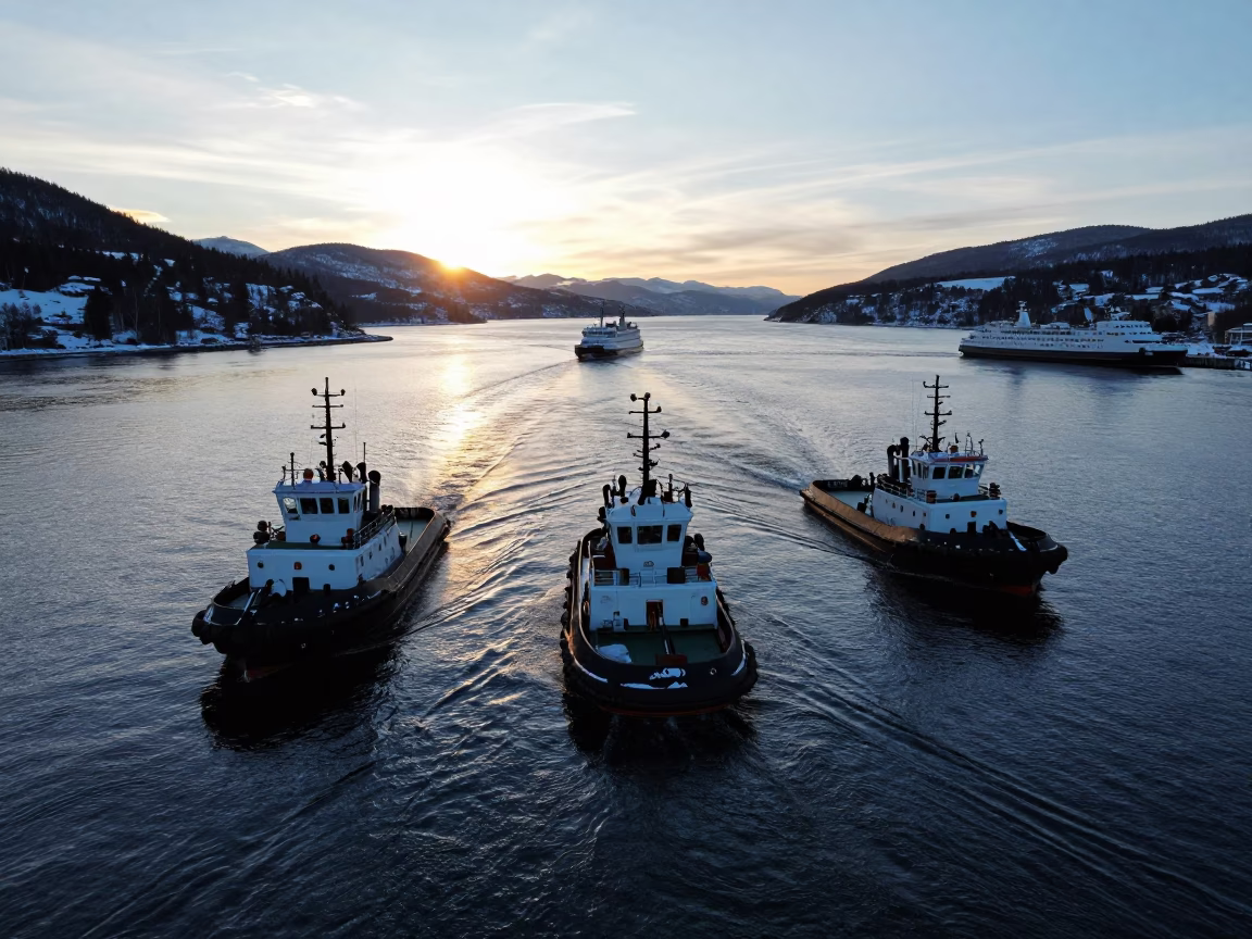 Winter Tugboats Silhouetted in BC Harbor at Golden Hour in across a remote ferry crossing in British Columbia