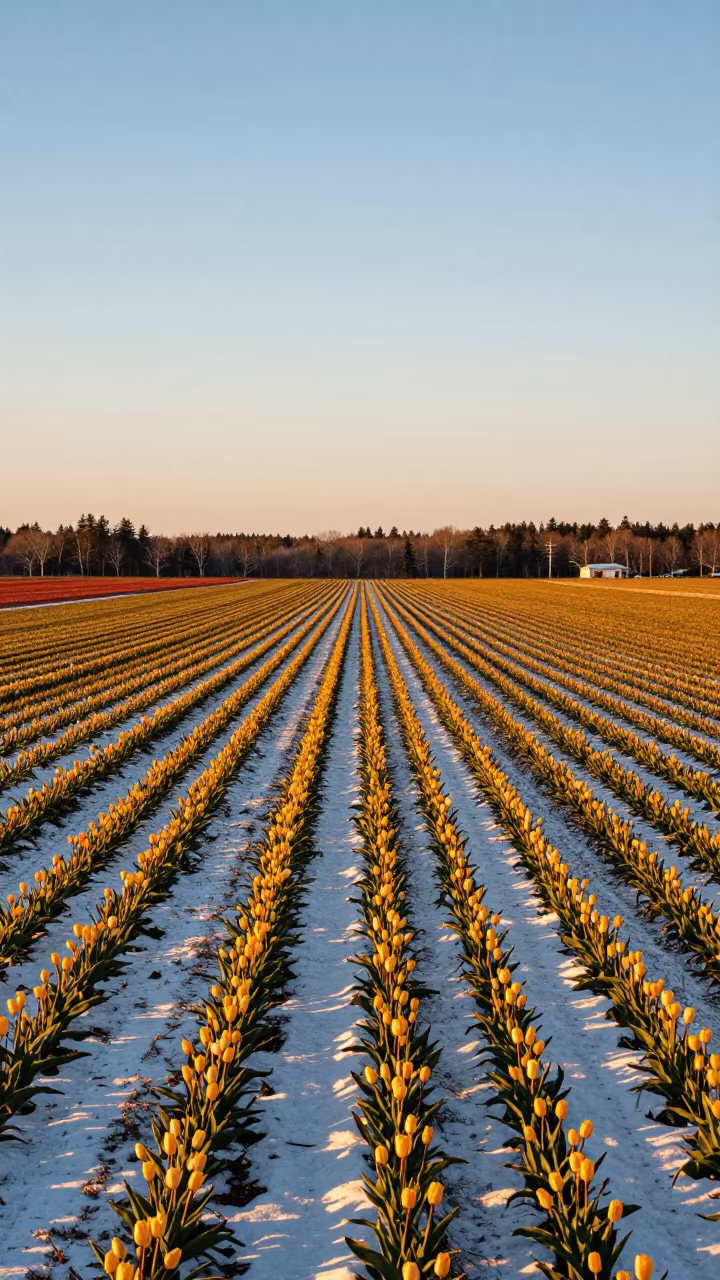 Winter Tulip Fields Maine Golden Hour in across a wide valley floor in Maine
