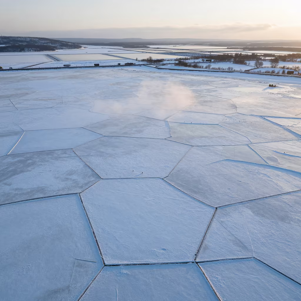 Winter Tundra Ice Wedge Patterns at Dawn in high over salt ponds and causeways near Sapporo