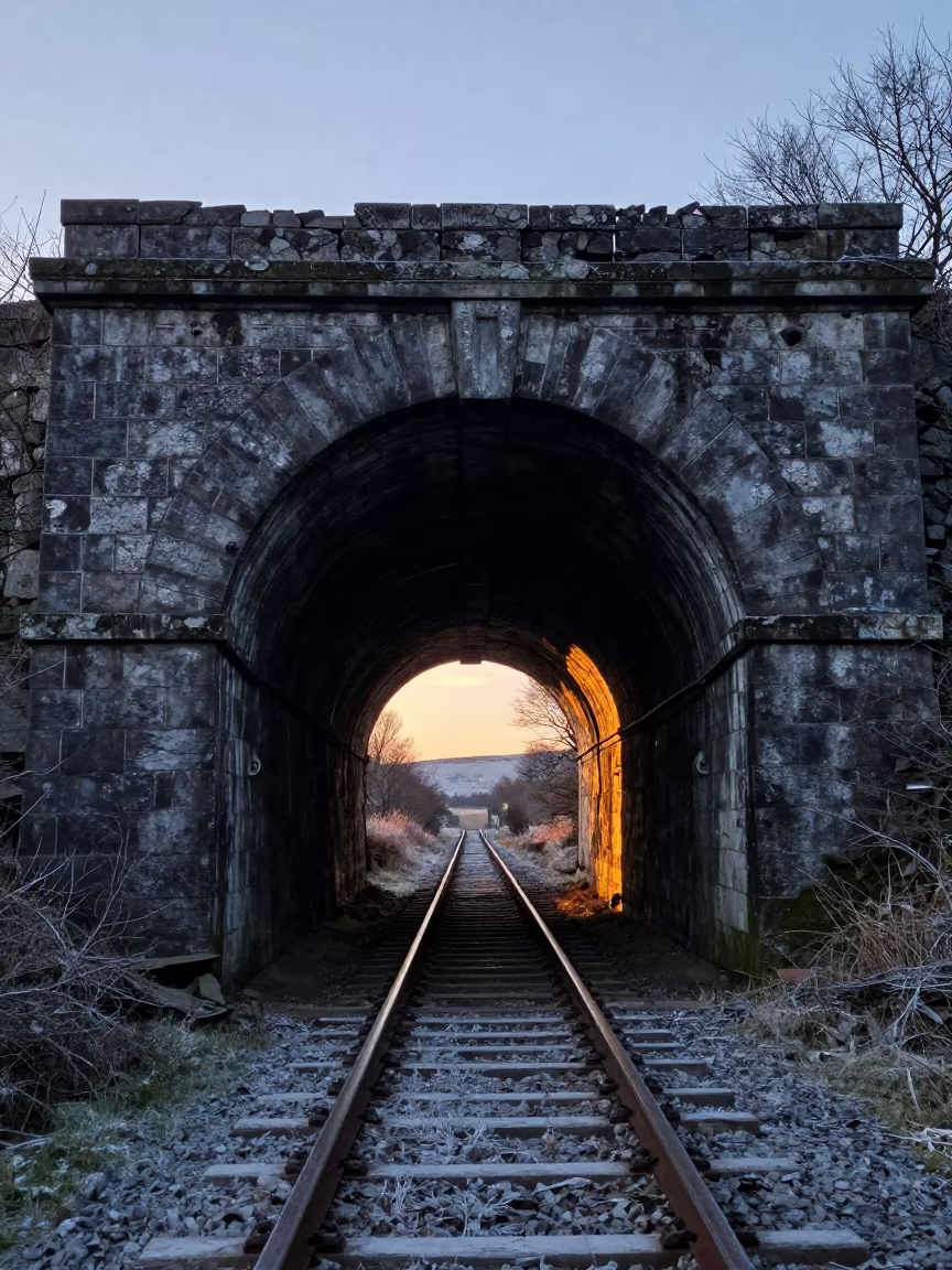 Winter Twilight in Abandoned Welsh Stone Tunnel in beneath a broken stone arch in Wales