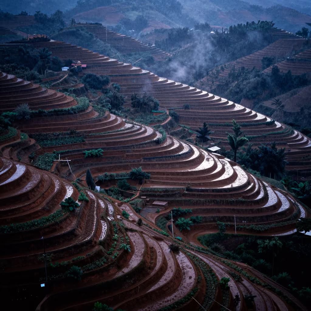 Winter Twilight Allotment Plots Mandalay Hills in far above terraced hillsides near Mandalay