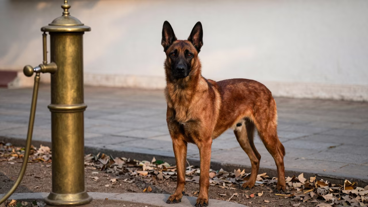 Winter Twilight Belgian Tervuren Portrait in Udaipur in along a quiet park path with soft open shade and a clean background in Udaipur