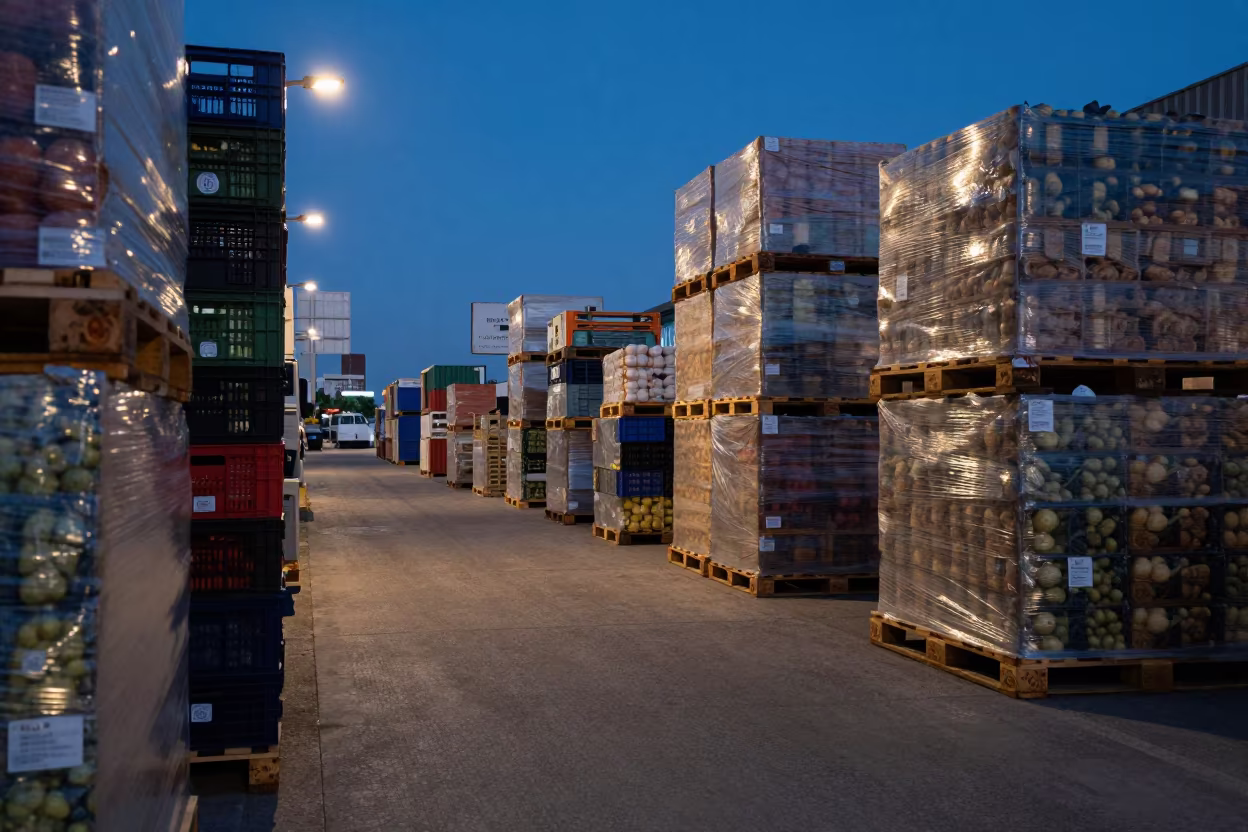 Winter Twilight Loading Dock Tel Aviv Produce in beside a cross-dock lane under dock lights near Tel Aviv