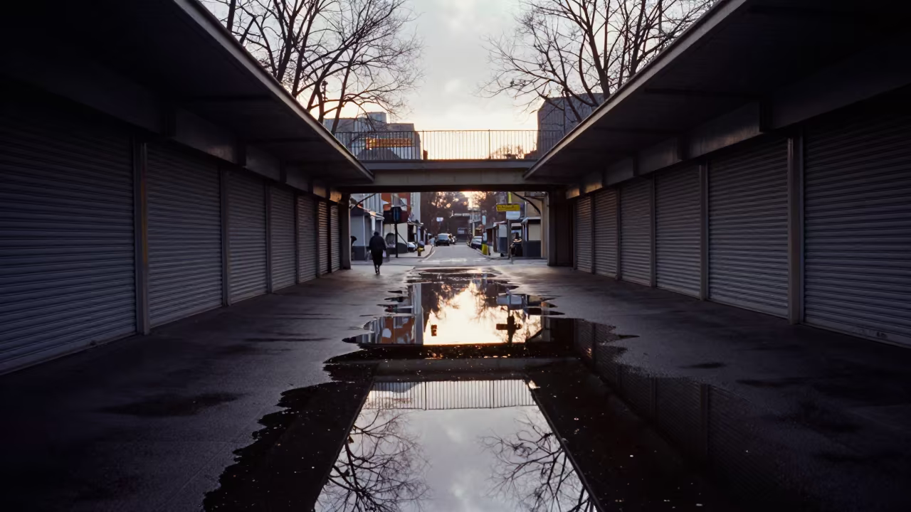 Winter Twilight Puddle Reflecting Melbourne Overpass in along a shuttered arcade in Melbourne