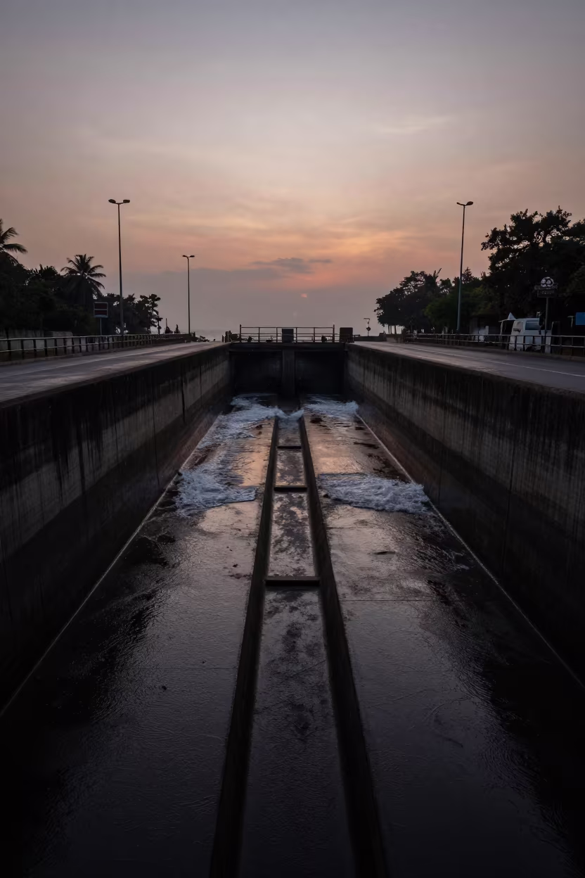 Winter Twilight Reservoir Intake Silhouette Mumbai in across a windy overpass interchange near Marine Drive, Mumbai