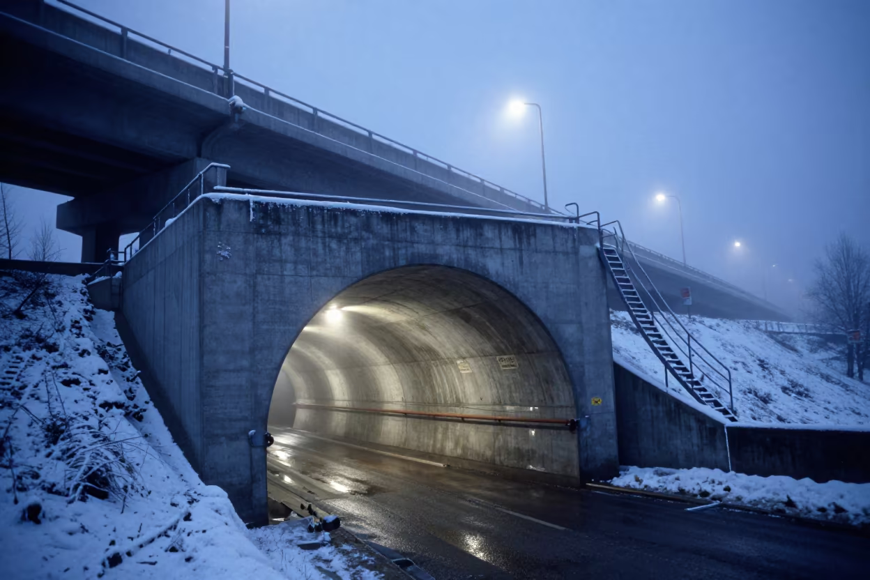 Winter Twilight Service Tunnel Bucharest Overpass in across a windy overpass interchange near Bucharest
